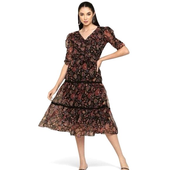 Anthropologie Dresses & Skirts - Antheaa Womens Medium Floral Midi Dress Ruffle Sleeve Tiered Pleated Puff Sleeve